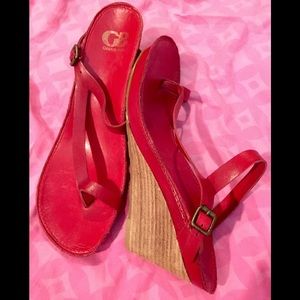 Gianni Bini Red Leather Strappy Wooden Wedges